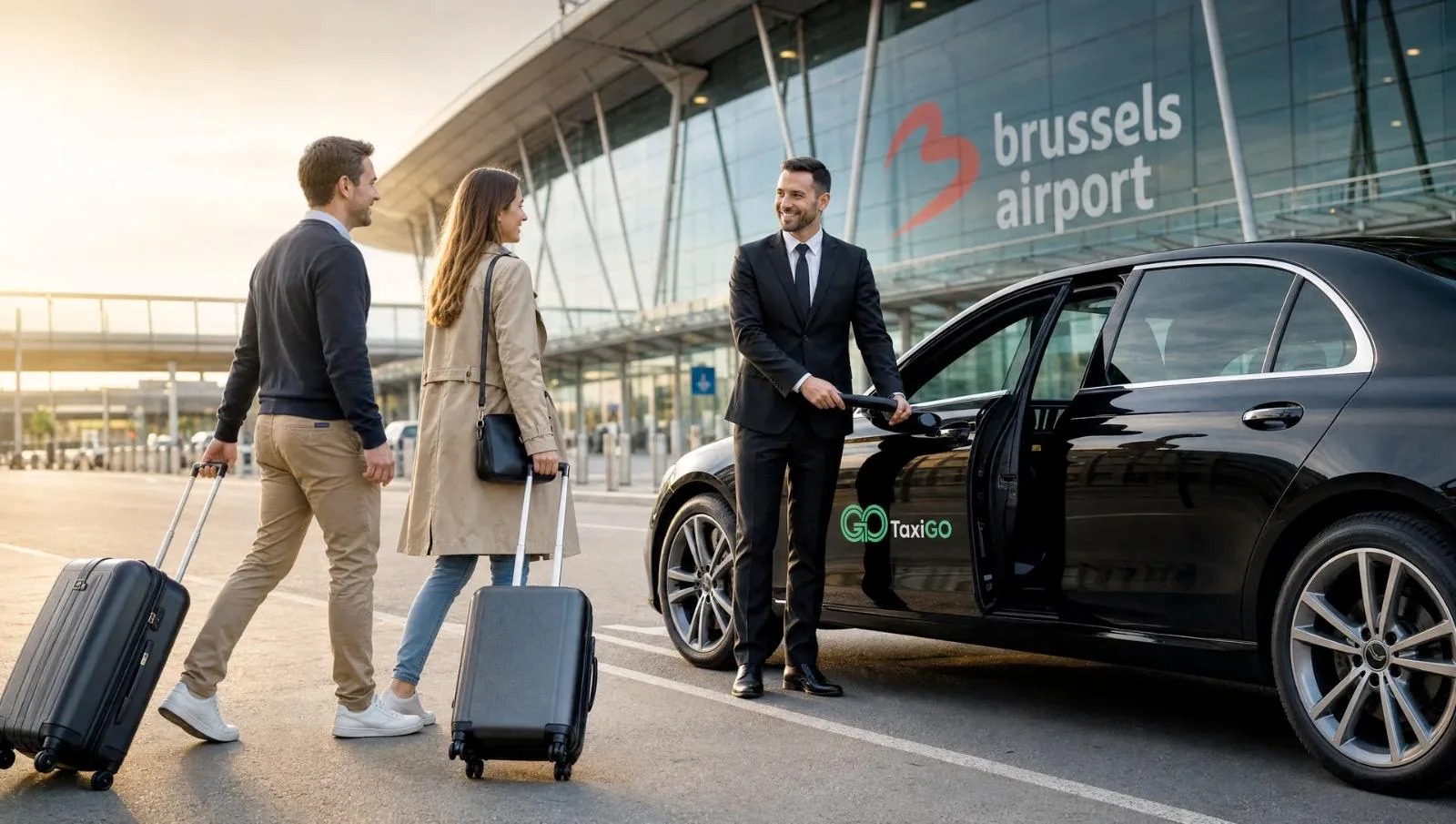 Véhicule TaxiGO business devant un siège d'entreprise dans le quartier européen à Bruxelles